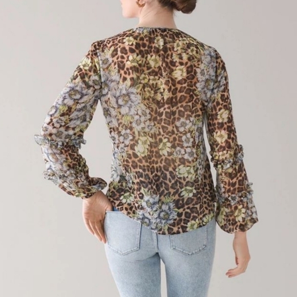White House Black Market Leopard Floral Chiffon Blouse M - Picture 2 of 12